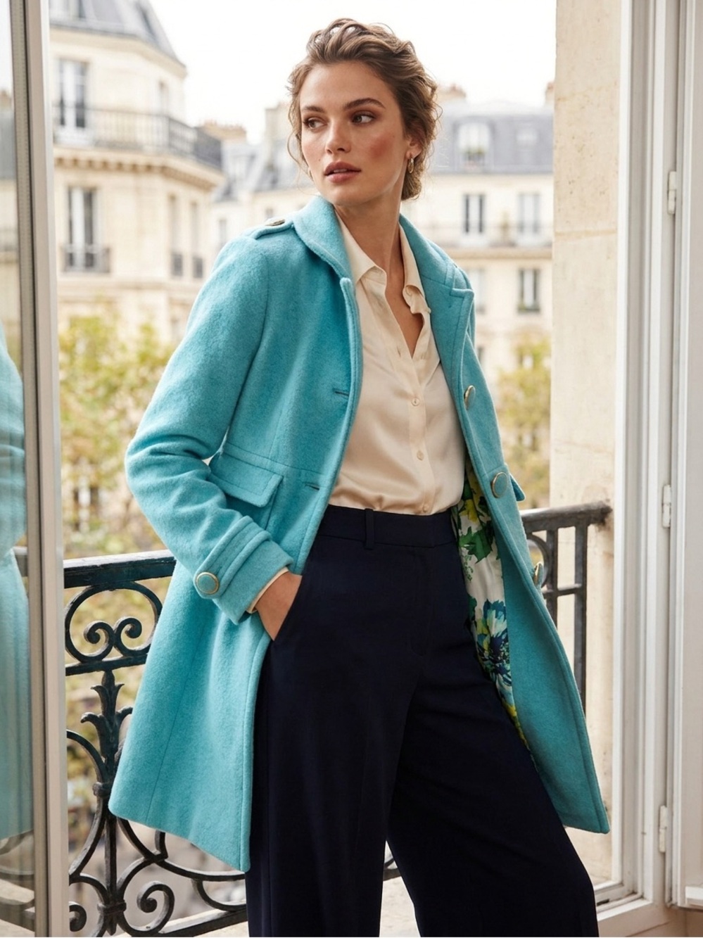 Banana Republic Wool-Blend Teal Button Coat - Women's Jacket & Coat